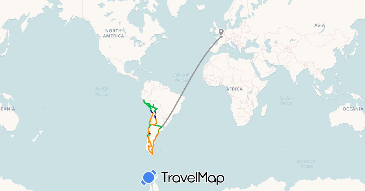 TravelMap itinerary: driving, bus, plane, cycling, train, hiking, boat, hitchhiking in Argentina, Bolivia, Chile, France, Peru (Europe, South America)