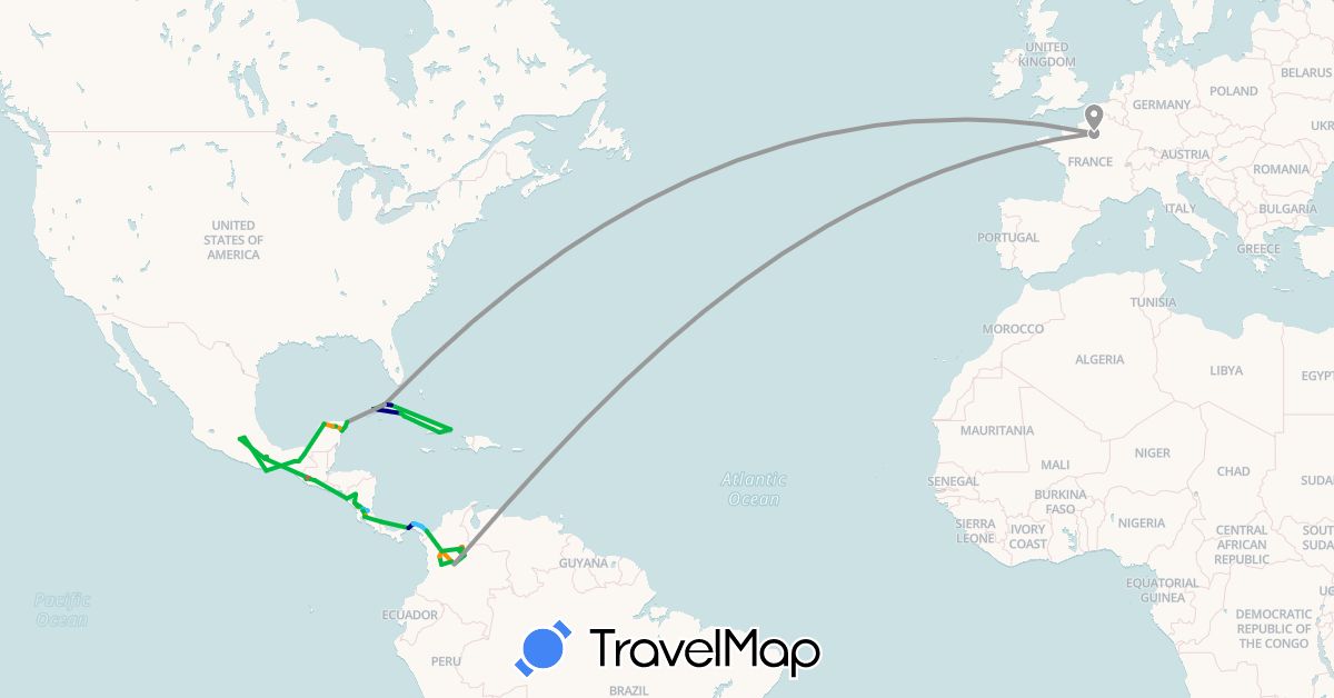 TravelMap itinerary: driving, bus, plane, hiking, boat, hitchhiking in Colombia, Costa Rica, Cuba, France, Guatemala, Mexico, Nicaragua, Panama (Europe, North America, South America)